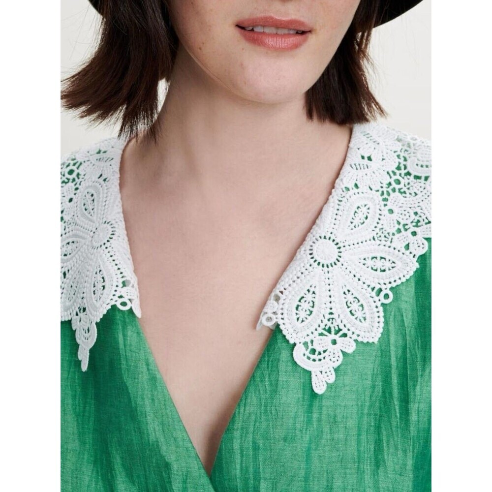 NWT MAJE Women’s‎ Size 40 US 8 LINEN Blend Short Jumpsuit Romper Green Lace - Picture 16 of 16